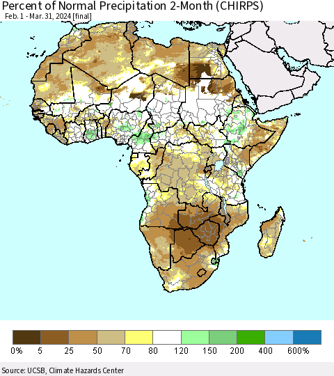 Africa Percent of Normal Precipitation 2-Month (CHIRPS) Thematic Map For 2/1/2024 - 3/31/2024
