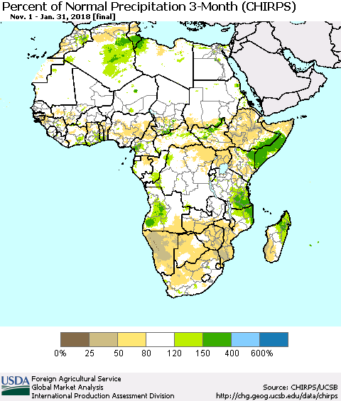 Africa Percent of Normal Precipitation 3-Month (CHIRPS) Thematic Map For 11/1/2017 - 1/31/2018