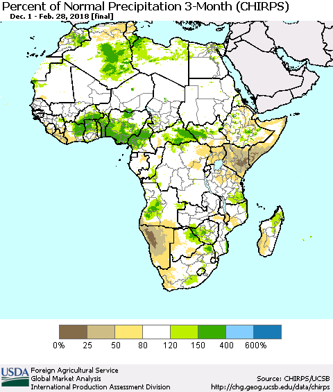Africa Percent of Normal Precipitation 3-Month (CHIRPS) Thematic Map For 12/1/2017 - 2/28/2018