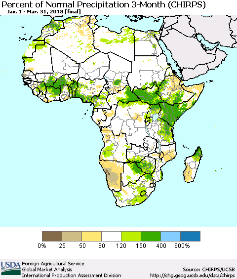 Africa Percent of Normal Precipitation 3-Month (CHIRPS) Thematic Map For 1/1/2018 - 3/31/2018