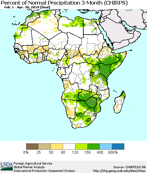 Africa Percent of Normal Precipitation 3-Month (CHIRPS) Thematic Map For 2/1/2018 - 4/30/2018