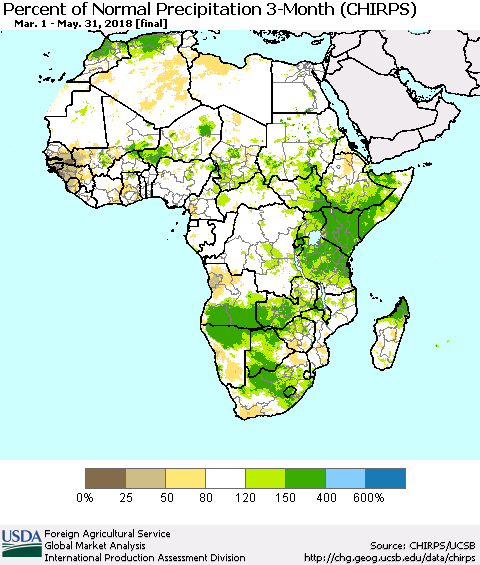 Africa Percent of Normal Precipitation 3-Month (CHIRPS) Thematic Map For 3/1/2018 - 5/31/2018