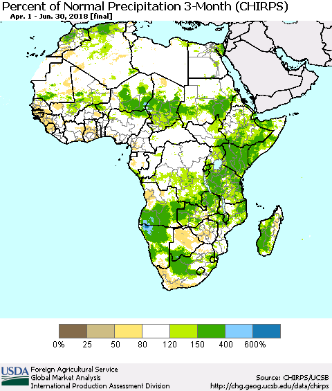 Africa Percent of Normal Precipitation 3-Month (CHIRPS) Thematic Map For 4/1/2018 - 6/30/2018