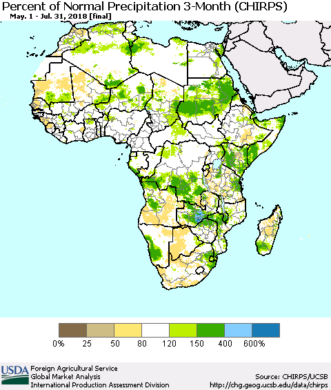 Africa Percent of Normal Precipitation 3-Month (CHIRPS) Thematic Map For 5/1/2018 - 7/31/2018