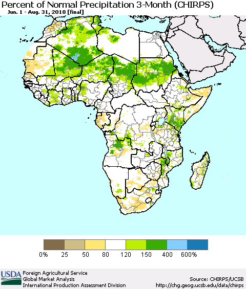 Africa Percent of Normal Precipitation 3-Month (CHIRPS) Thematic Map For 6/1/2018 - 8/31/2018