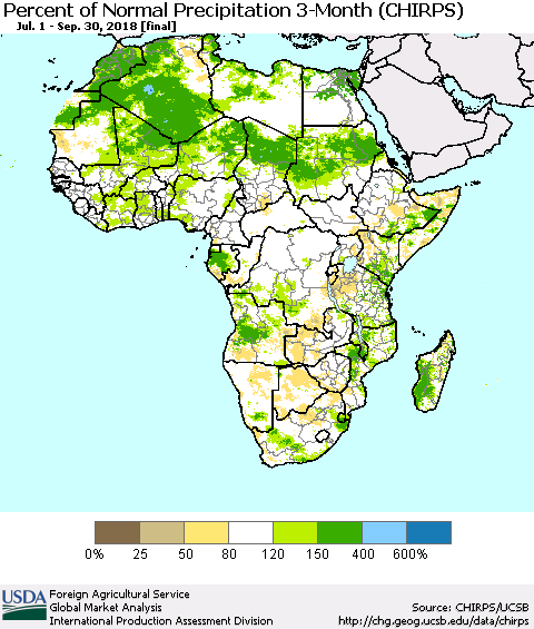 Africa Percent of Normal Precipitation 3-Month (CHIRPS) Thematic Map For 7/1/2018 - 9/30/2018