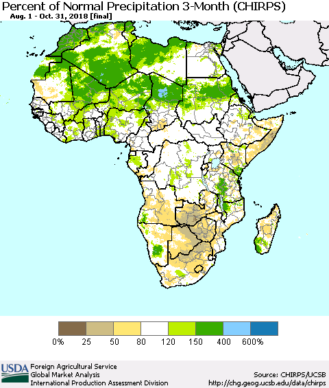 Africa Percent of Normal Precipitation 3-Month (CHIRPS) Thematic Map For 8/1/2018 - 10/31/2018