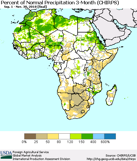 Africa Percent of Normal Precipitation 3-Month (CHIRPS) Thematic Map For 9/1/2018 - 11/30/2018