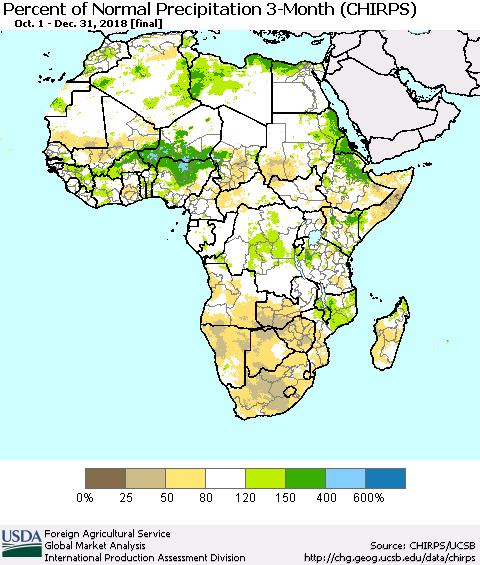 Africa Percent of Normal Precipitation 3-Month (CHIRPS) Thematic Map For 10/1/2018 - 12/31/2018