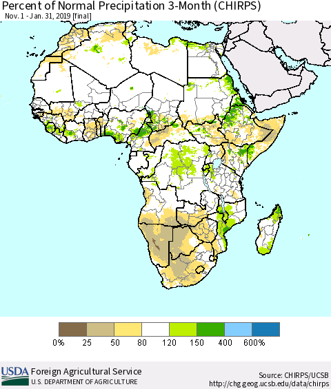 Africa Percent of Normal Precipitation 3-Month (CHIRPS) Thematic Map For 11/1/2018 - 1/31/2019