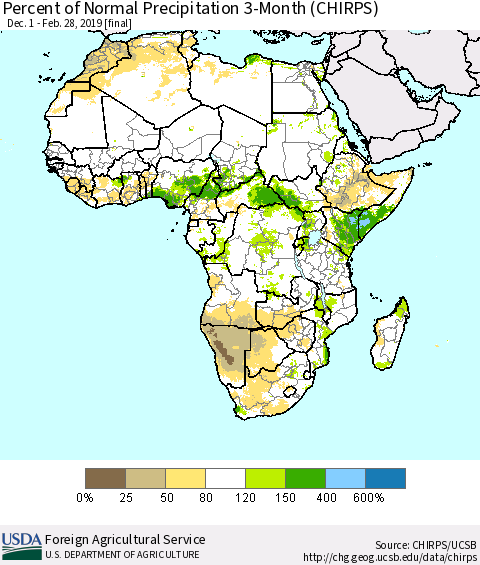 Africa Percent of Normal Precipitation 3-Month (CHIRPS) Thematic Map For 12/1/2018 - 2/28/2019