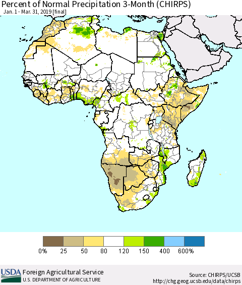 Africa Percent of Normal Precipitation 3-Month (CHIRPS) Thematic Map For 1/1/2019 - 3/31/2019