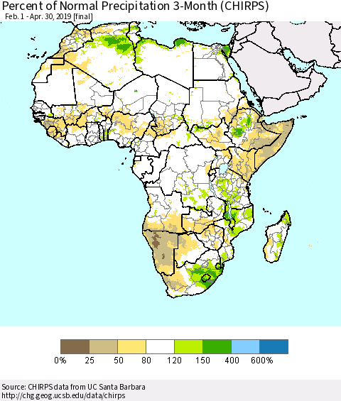 Africa Percent of Normal Precipitation 3-Month (CHIRPS) Thematic Map For 2/1/2019 - 4/30/2019