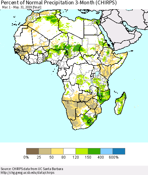 Africa Percent of Normal Precipitation 3-Month (CHIRPS) Thematic Map For 3/1/2019 - 5/31/2019