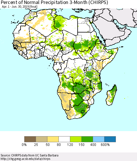 Africa Percent of Normal Precipitation 3-Month (CHIRPS) Thematic Map For 4/1/2019 - 6/30/2019