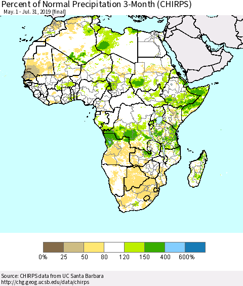Africa Percent of Normal Precipitation 3-Month (CHIRPS) Thematic Map For 5/1/2019 - 7/31/2019