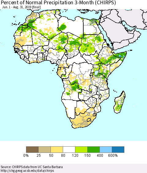 Africa Percent of Normal Precipitation 3-Month (CHIRPS) Thematic Map For 6/1/2019 - 8/31/2019