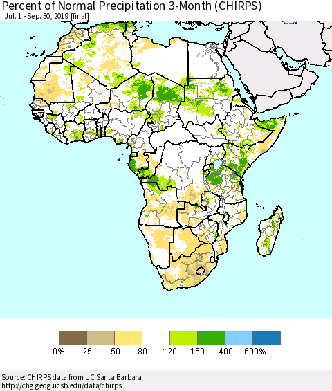 Africa Percent of Normal Precipitation 3-Month (CHIRPS) Thematic Map For 7/1/2019 - 9/30/2019