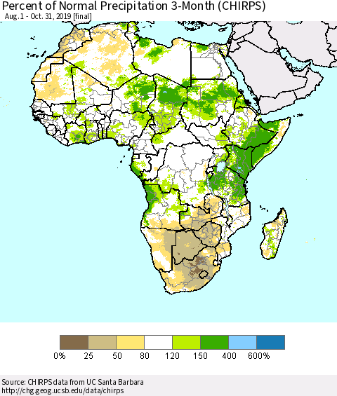 Africa Percent of Normal Precipitation 3-Month (CHIRPS) Thematic Map For 8/1/2019 - 10/31/2019