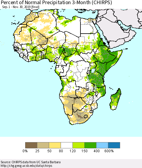 Africa Percent of Normal Precipitation 3-Month (CHIRPS) Thematic Map For 9/1/2019 - 11/30/2019