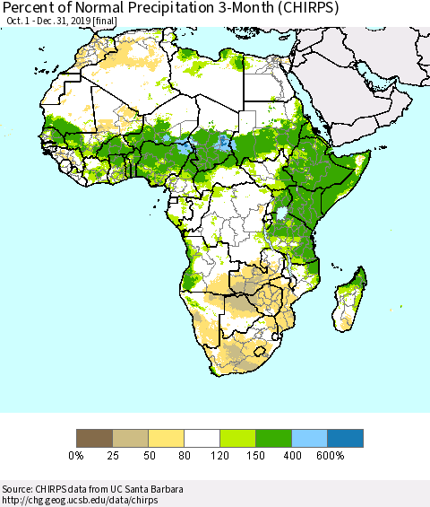 Africa Percent of Normal Precipitation 3-Month (CHIRPS) Thematic Map For 10/1/2019 - 12/31/2019