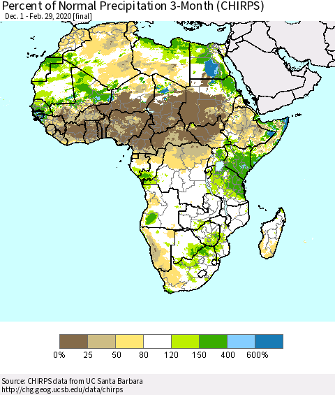 Africa Percent of Normal Precipitation 3-Month (CHIRPS) Thematic Map For 12/1/2019 - 2/29/2020
