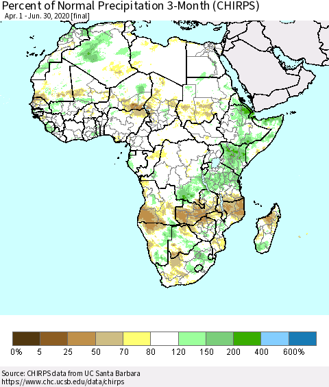 Africa Percent of Normal Precipitation 3-Month (CHIRPS) Thematic Map For 4/1/2020 - 6/30/2020