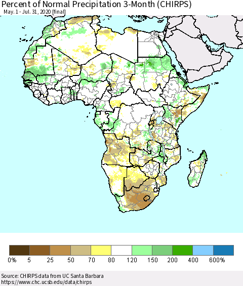 Africa Percent of Normal Precipitation 3-Month (CHIRPS) Thematic Map For 5/1/2020 - 7/31/2020