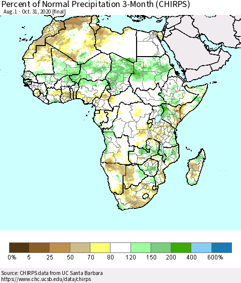 Africa Percent of Normal Precipitation 3-Month (CHIRPS) Thematic Map For 8/1/2020 - 10/31/2020