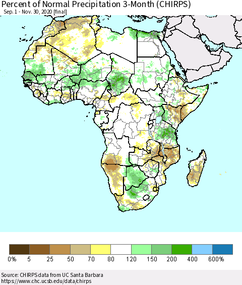 Africa Percent of Normal Precipitation 3-Month (CHIRPS) Thematic Map For 9/1/2020 - 11/30/2020