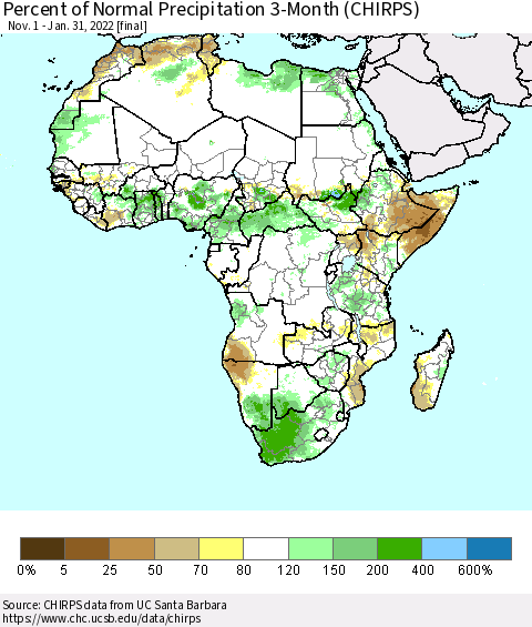Africa Percent of Normal Precipitation 3-Month (CHIRPS) Thematic Map For 11/1/2021 - 1/31/2022