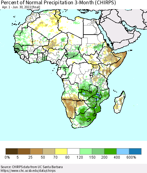 Africa Percent of Normal Precipitation 3-Month (CHIRPS) Thematic Map For 4/1/2022 - 6/30/2022