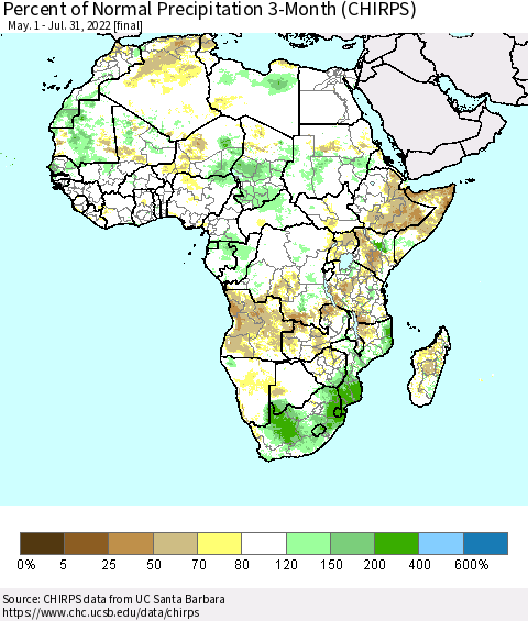 Africa Percent of Normal Precipitation 3-Month (CHIRPS) Thematic Map For 5/1/2022 - 7/31/2022