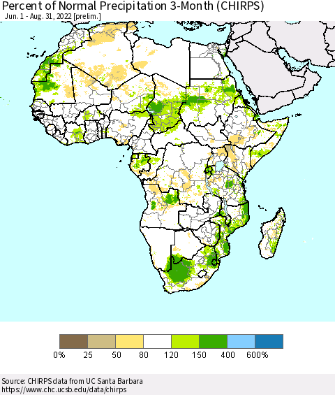 Africa Percent of Normal Precipitation 3-Month (CHIRPS) Thematic Map For 6/1/2022 - 8/31/2022