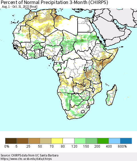 Africa Percent of Normal Precipitation 3-Month (CHIRPS) Thematic Map For 8/1/2022 - 10/31/2022