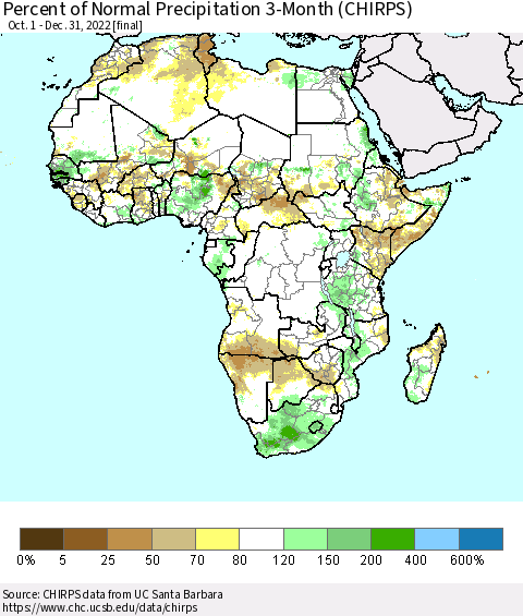 Africa Percent of Normal Precipitation 3-Month (CHIRPS) Thematic Map For 10/1/2022 - 12/31/2022