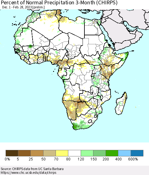 Africa Percent of Normal Precipitation 3-Month (CHIRPS) Thematic Map For 12/1/2022 - 2/28/2023