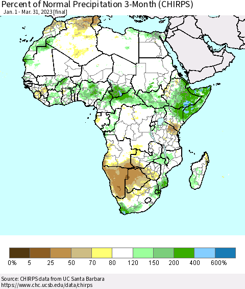 Africa Percent of Normal Precipitation 3-Month (CHIRPS) Thematic Map For 1/1/2023 - 3/31/2023