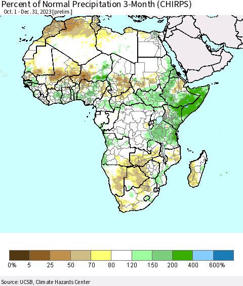 Africa Percent of Normal Precipitation 3-Month (CHIRPS) Thematic Map For 10/1/2023 - 12/31/2023