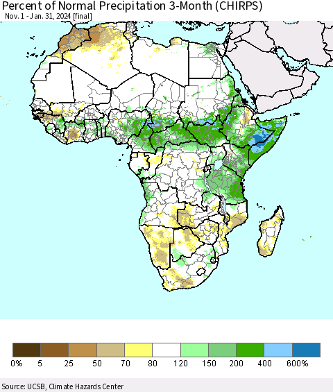 Africa Percent of Normal Precipitation 3-Month (CHIRPS) Thematic Map For 11/1/2023 - 1/31/2024