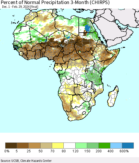 Africa Percent of Normal Precipitation 3-Month (CHIRPS) Thematic Map For 12/1/2023 - 2/29/2024
