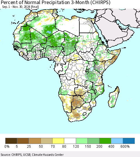 Africa Percent of Normal Precipitation 3-Month (CHIRPS) Thematic Map For 9/1/2024 - 11/30/2024