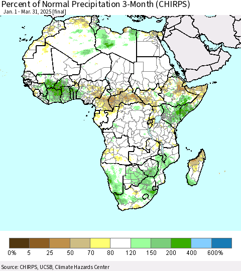 Africa Percent of Normal Precipitation 3-Month (CHIRPS) Thematic Map For 1/1/2025 - 3/31/2025