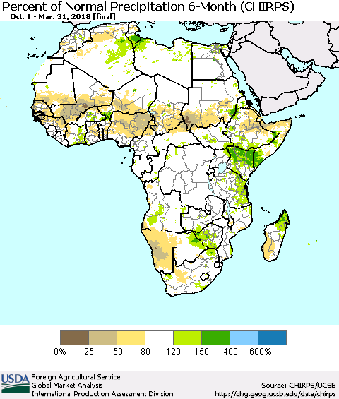 Africa Percent of Normal Precipitation 6-Month (CHIRPS) Thematic Map For 10/1/2017 - 3/31/2018