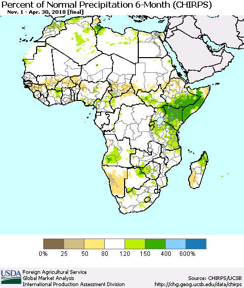 Africa Percent of Normal Precipitation 6-Month (CHIRPS) Thematic Map For 11/1/2017 - 4/30/2018