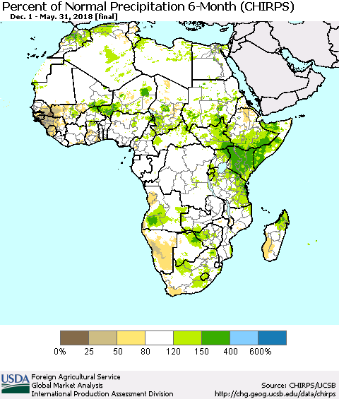 Africa Percent of Normal Precipitation 6-Month (CHIRPS) Thematic Map For 12/1/2017 - 5/31/2018