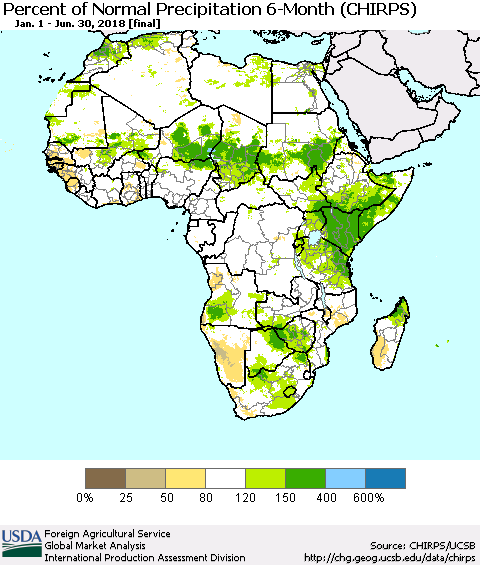 Africa Percent of Normal Precipitation 6-Month (CHIRPS) Thematic Map For 1/1/2018 - 6/30/2018