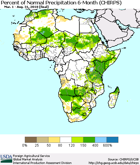 Africa Percent of Normal Precipitation 6-Month (CHIRPS) Thematic Map For 3/1/2018 - 8/31/2018