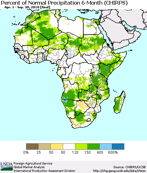 Africa Percent of Normal Precipitation 6-Month (CHIRPS) Thematic Map For 4/1/2018 - 9/30/2018
