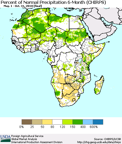 Africa Percent of Normal Precipitation 6-Month (CHIRPS) Thematic Map For 5/1/2018 - 10/31/2018
